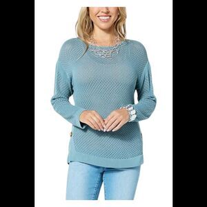 WynneCollection Women's Framed Mesh Sweater Sea Blue - Regular